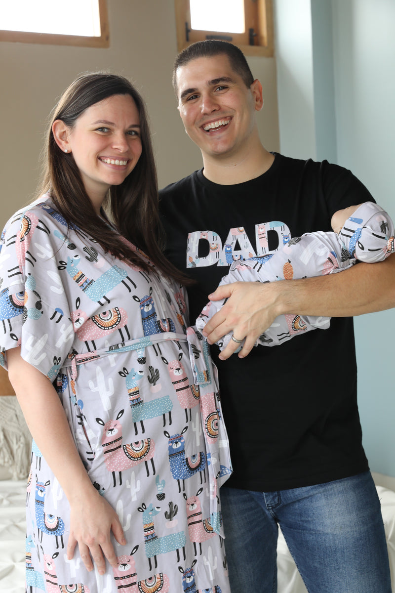 Llama Robe swaddle personalized hat with matching dad shirt