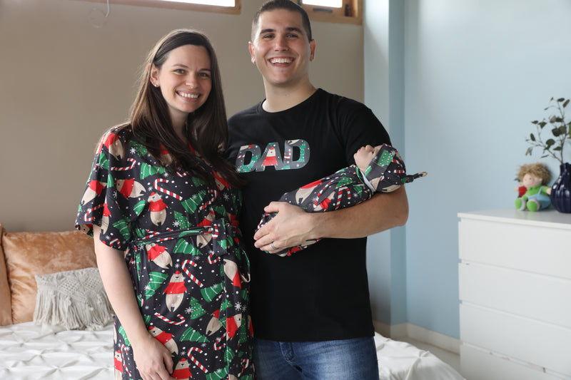 Candycane Robe swaddle personalized hat with matching dad shirt