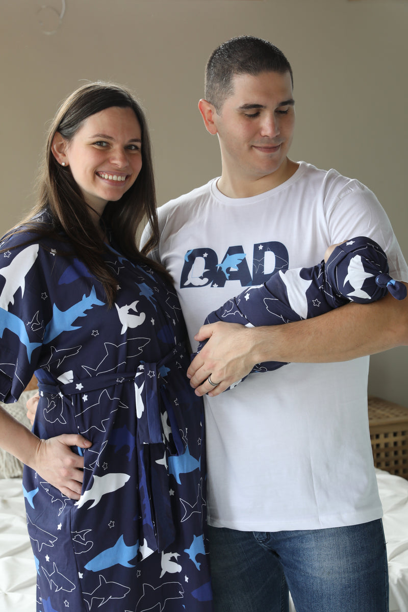 Shark Robe swaddle personalized hat with matching dad shirt