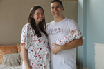 Red Floral Robe swaddle personalized hat with matching dad shirt