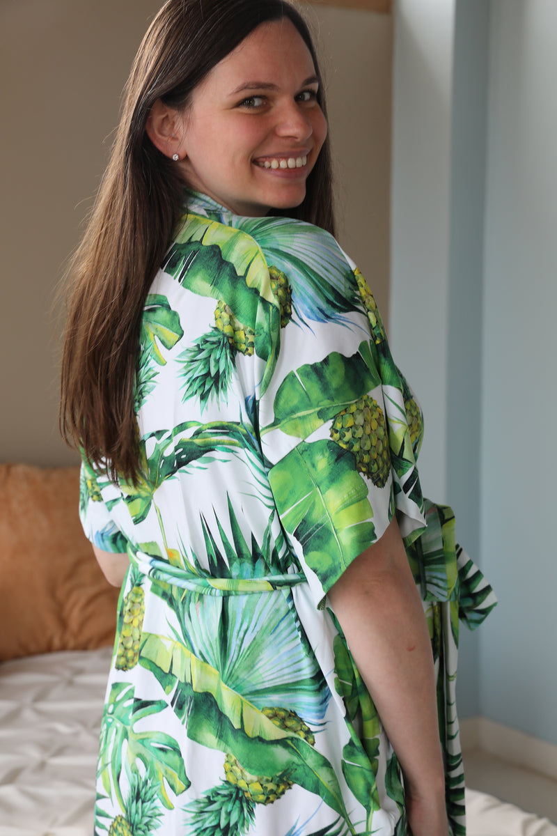 Robe swaddle personalized hat matching dad shirt Tropical theme Pinapple print.