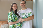 Robe swaddle personalized hat matching dad shirt Tropical theme Pinapple print.