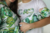 Robe swaddle personalized hat matching dad shirt Tropical theme Pinapple print.