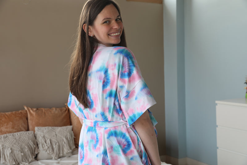 Blue Pink TieDye Robe swaddle personalized hat with matching dad shirt