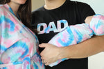 Blue Pink TieDye Robe swaddle personalized hat with matching dad shirt