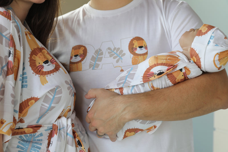 Lion Safari Robe swaddle personalized hat with matching dad shirt