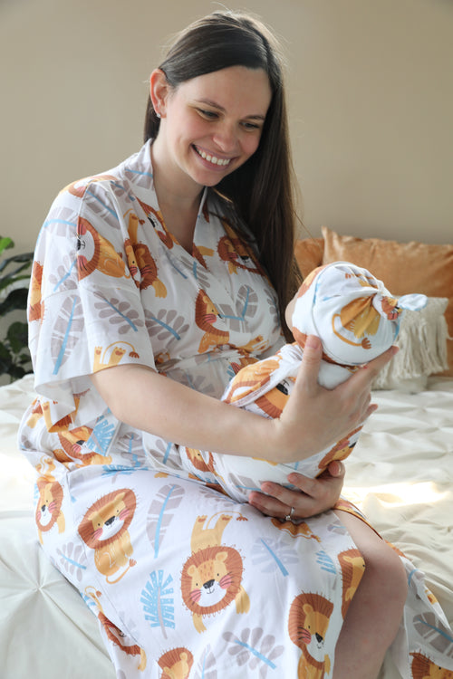 Lion Safari Robe swaddle personalized hat with matching dad shirt