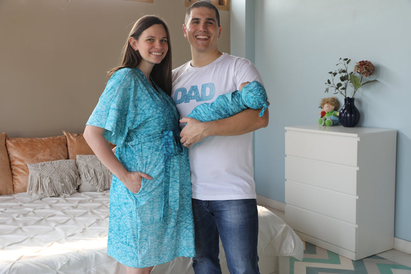 Blue Mozaic Robe swaddle personalized hat with matching dad shirt