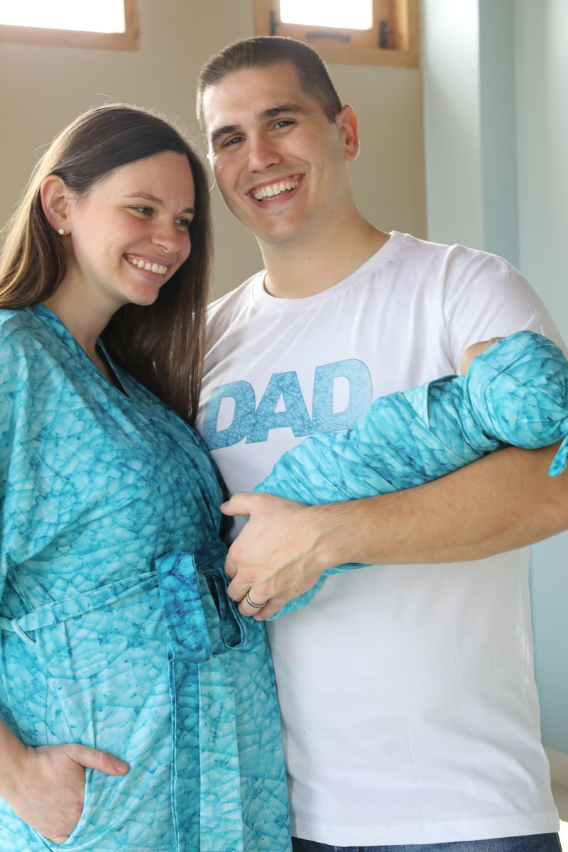 Blue Mozaic Robe swaddle personalized hat with matching dad shirt
