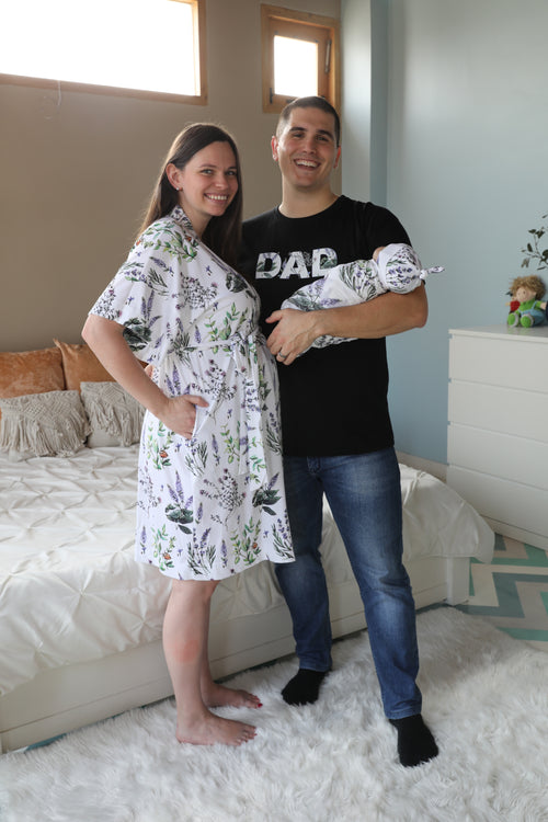 Botanical Robe swaddle personalized hat with matching dad shirt