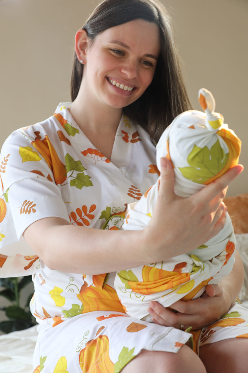 Pumpkin Robe swaddle personalized hat with matching dad shirt