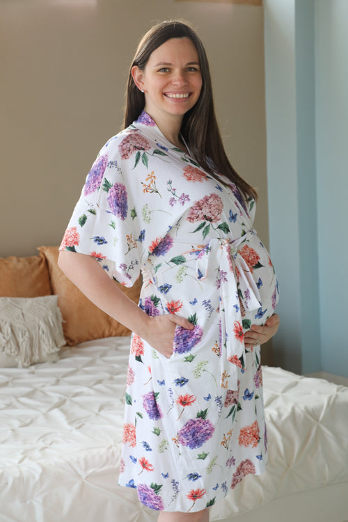 White Peony Robe swaddle personalized hat with matching dad shirt