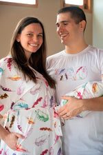 Purple Feathers Robe swaddle personalized hat with matching dad shirt