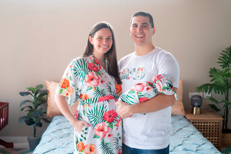 Red Hibiscus Robe swaddle personalized hat with matching dad shirt