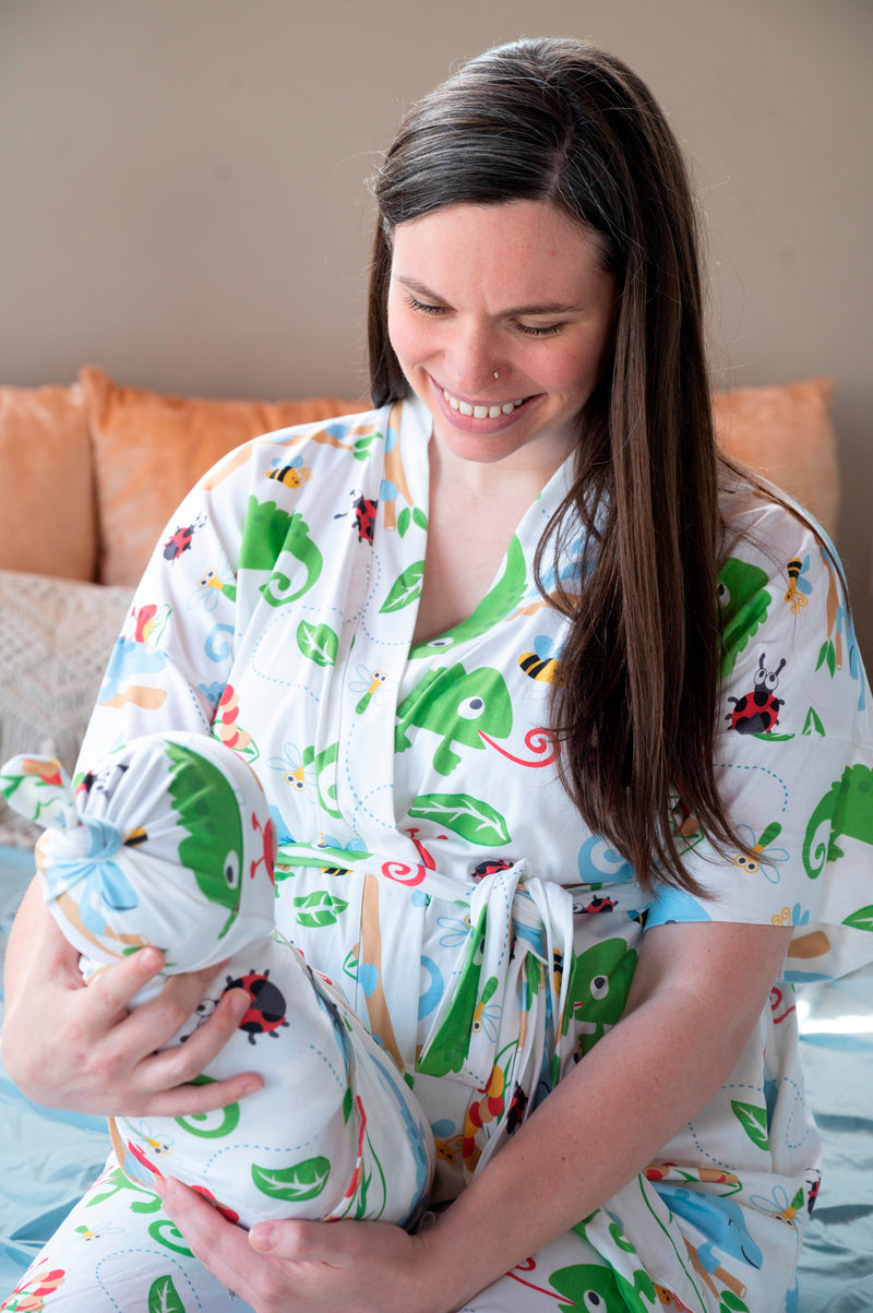 Robe swaddle personalized hat matching dad shirt in a cute chameleon cartoon with bugs and leaves