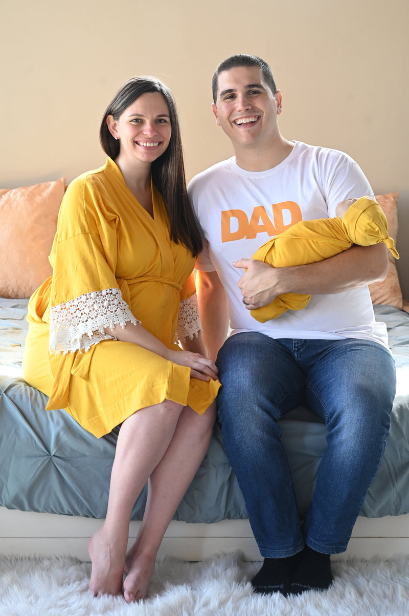 Yellow Robe swaddle personalized hat with matching dad shirt