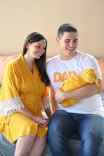 Yellow Robe swaddle personalized hat with matching dad shirt