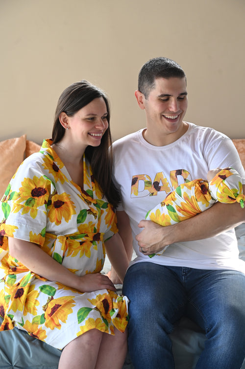 Sunflower Robe swaddle personalized hat with matching dad shirt