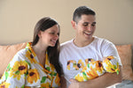 Sunflower Robe swaddle personalized hat with matching dad shirt
