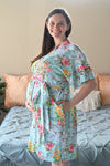 Robe swaddle personalized hat matching dad shirt in an aqua floral pattern