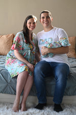 Robe swaddle personalized hat matching dad shirt in an aqua floral pattern