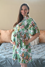 Robe swaddle personalized hat matching dad shirt in Tropical pattern with parrot and plumeria flowers