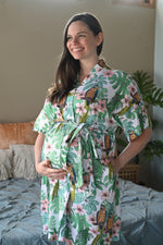 Robe swaddle personalized hat matching dad shirt in Tropical pattern with parrot and plumeria flowers