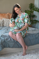 Robe swaddle personalized hat matching dad shirt in Tropical pattern with parrot and plumeria flowers