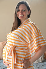 Yellow Stripes Robe swaddle personalized hat with matching dad shirt