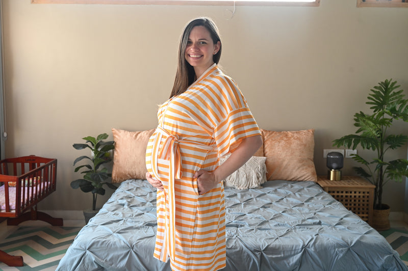 Yellow Stripes Robe swaddle personalized hat with matching dad shirt
