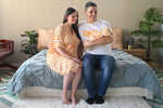 Yellow Stripes Robe swaddle personalized hat with matching dad shirt