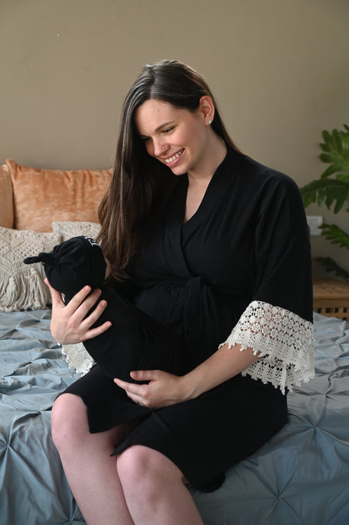 Solid Black Robe swaddle personalized hat with matching dad shirt