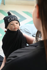 Solid Black Robe swaddle personalized hat with matching dad shirt