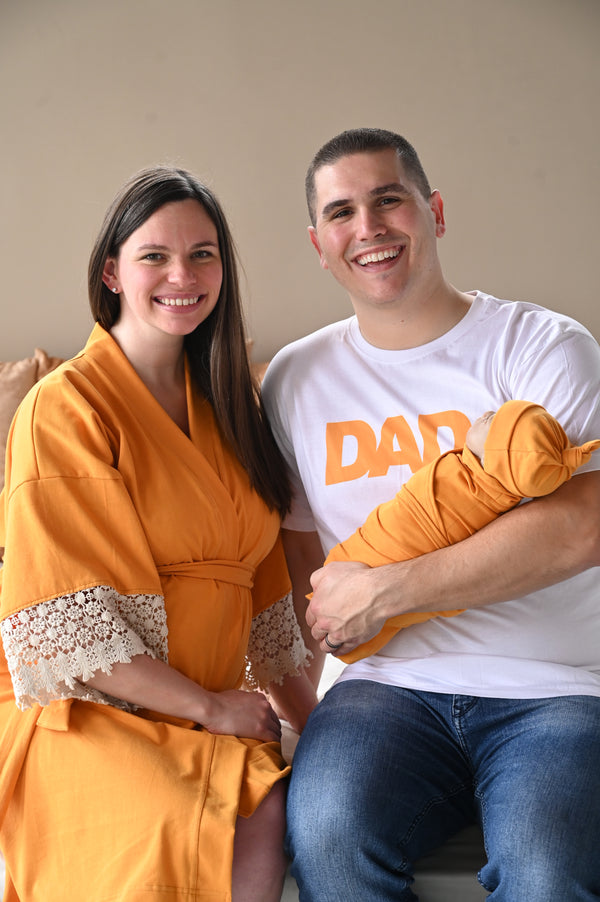 Burnt Yellow Robe swaddle personalized hat with matching dad shirt