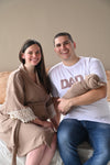 Taupe Robe swaddle personalized hat with matching dad shirt