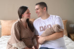 Taupe Robe swaddle personalized hat with matching dad shirt