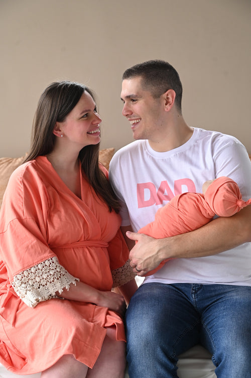 Coral Robe swaddle personalized hat with matching dad shirt