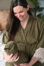 Olive Robe swaddle personalized hat with matching dad shirt