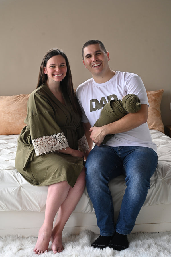 Olive Robe swaddle personalized hat with matching dad shirt