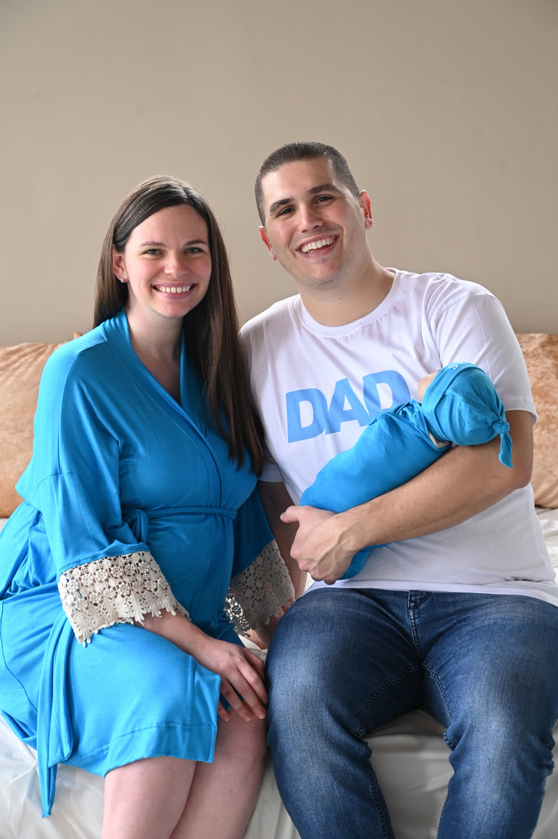 Blue Robe swaddle personalized hat with matching dad shirt
