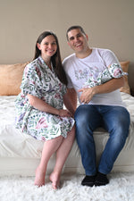 Robe swaddle personalized hat with matching dad shirt in Rabbit print
