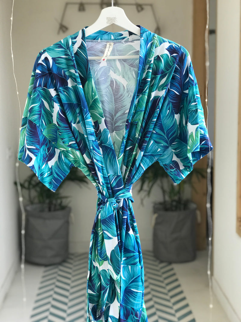 Maternity robe and swaddle set in a tropical print and Organic Stretch Cotton. Matching dad t-shirt is also included. - comfymommyshop.in