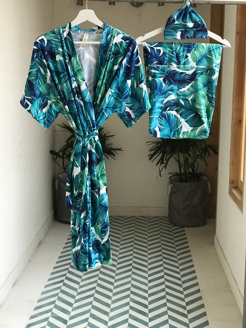 Maternity robe and swaddle set in a tropical print and Organic Stretch Cotton. Matching dad t-shirt is also included. - comfymommyshop.in