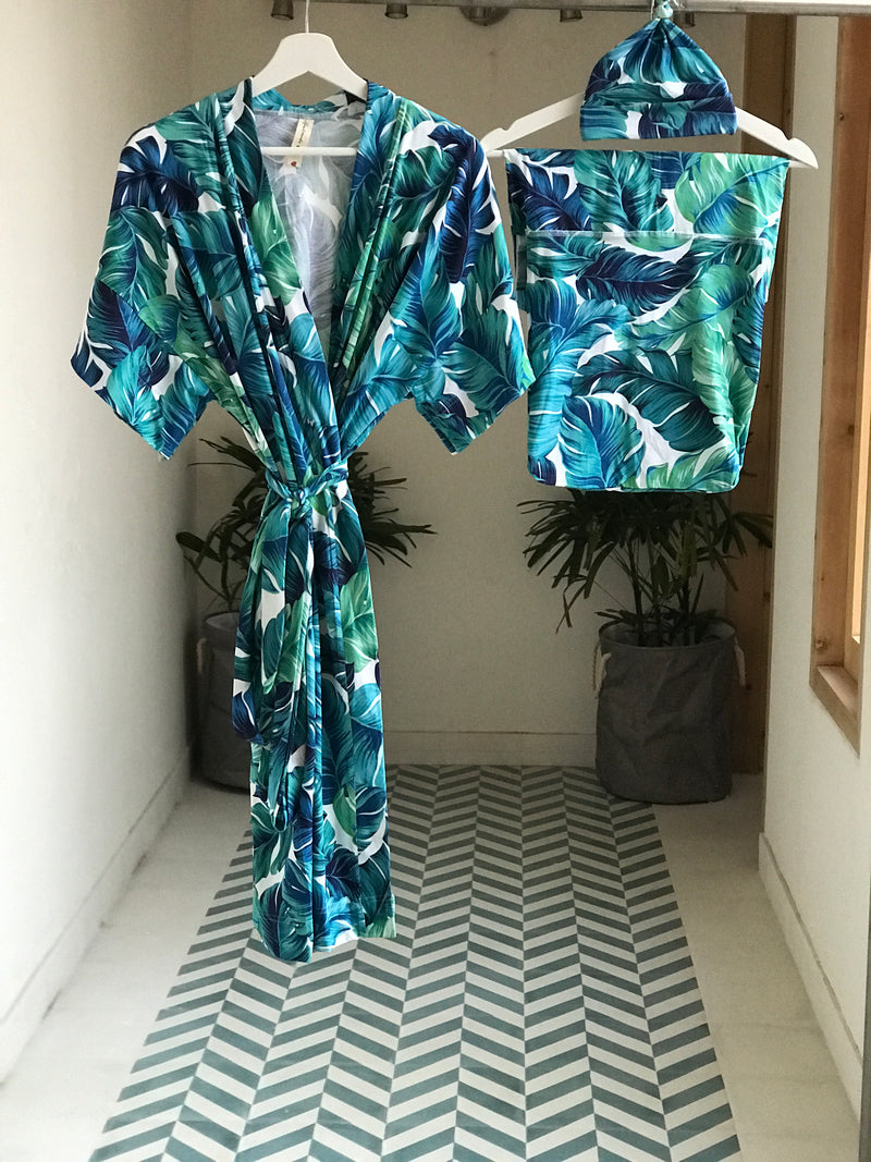 Maternity robe and swaddle set in a tropical print and Organic Stretch Cotton. Matching dad t-shirt is also included. - comfymommyshop.in