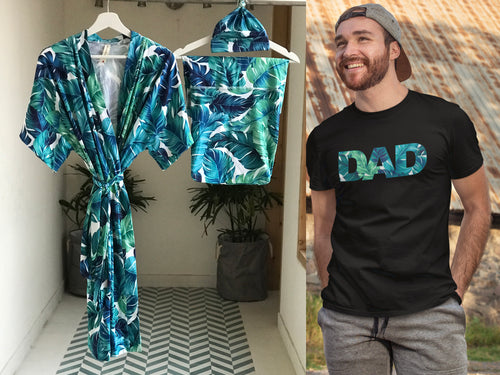 Maternity robe and swaddle set in a tropical print and Organic Stretch Cotton. Matching dad t-shirt is also included. - comfymommyshop.in