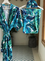 Maternity robe and swaddle set in a tropical print and Organic Stretch Cotton. Matching dad t-shirt is also included. - comfymommyshop.in