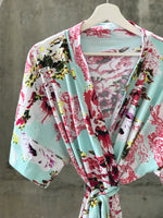 Aqua Floral Maternity robe and swaddle set boy. Mommy and me robe and swaddle set boy. In organic stretch cotton. Matching t-shirts available. - comfymommyshop.in