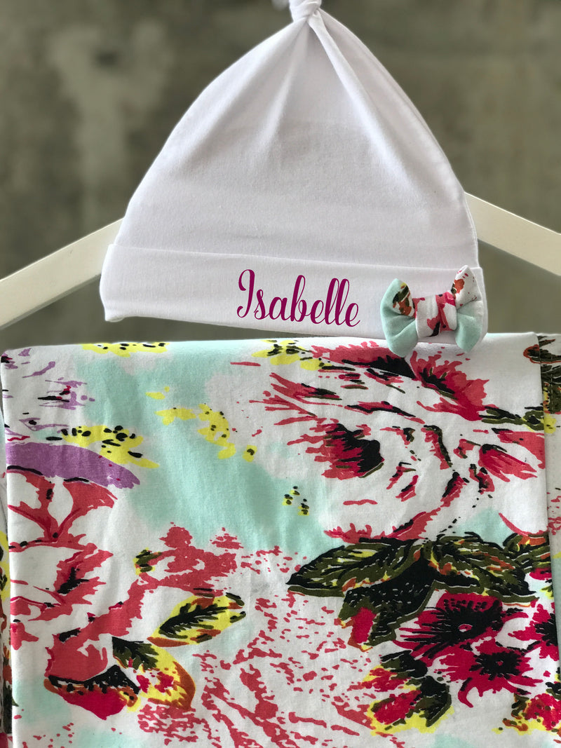 Aqua Floral Maternity robe and swaddle set boy. Mommy and me robe and swaddle set boy. In organic stretch cotton. Matching t-shirts available. - comfymommyshop.in