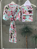 Aqua Floral Maternity robe and swaddle set boy. Mommy and me robe and swaddle set boy. In organic stretch cotton. Matching t-shirts available. - comfymommyshop.in