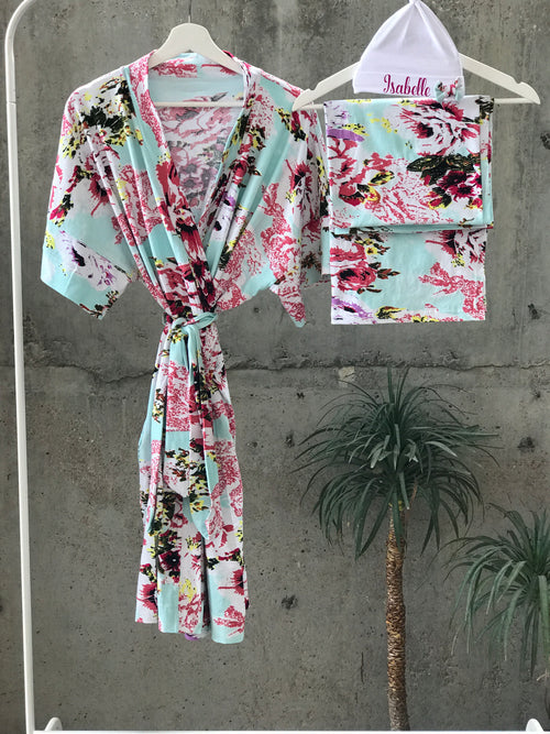 Aqua Floral Maternity robe and swaddle set boy. Mommy and me robe and swaddle set boy. In organic stretch cotton. Matching t-shirts available. - comfymommyshop.in